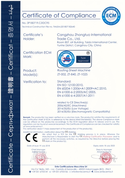 China RFM Cold Rolling Forming Machinery Certificaciones